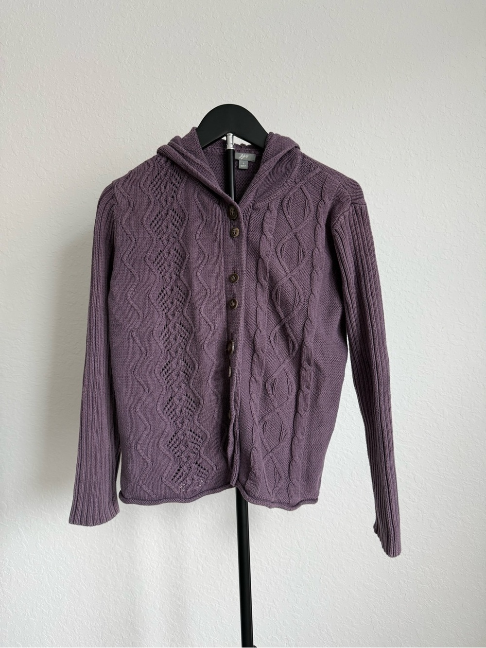 J. Jill Purple Cable Knit Hooded Button Cardigan